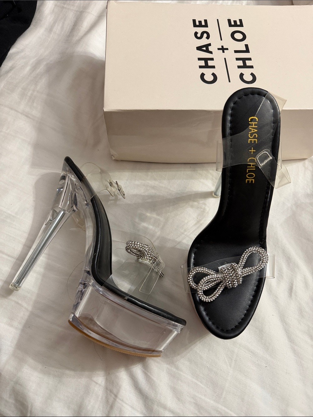 Chase + Chloe Black Clear Platform Stiletto Heels with Rhinestone Crystal Bow